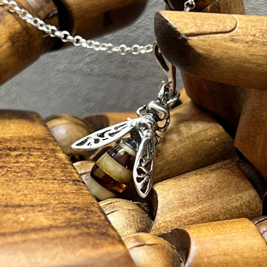 Baltic Amber Medium Bee Sterling Silver Pendant - Twelve Silver Trees
