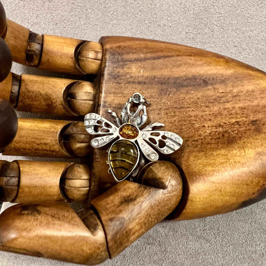 Baltic Amber & Zirconia Sterling Silver Bee Brooch - Twelve Silver Trees
