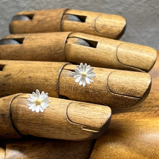 Daisy Stud Earrings in Sterling Silver & 18 Carat Gold April Birth Flower - Twelve Silver Trees