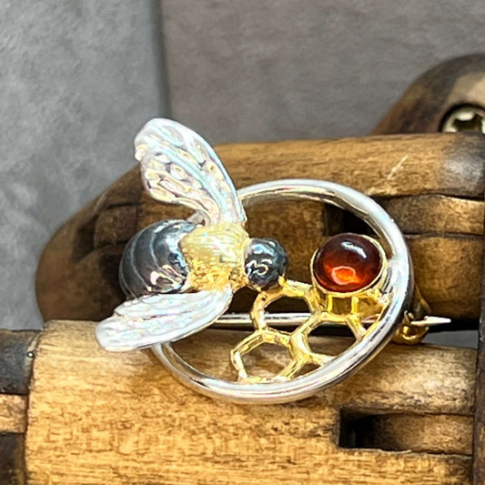 Honeycomb & Honeybee Sterling Silver Amber Brooch By Paula Bolton - Twelve Silver Trees