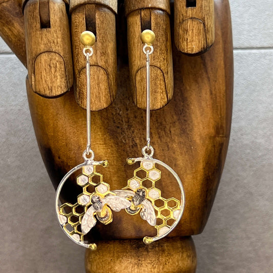 Honeycomb Sterling Silver Honeybee Long Earrings by Paula Bolton - Twelve Silver Trees