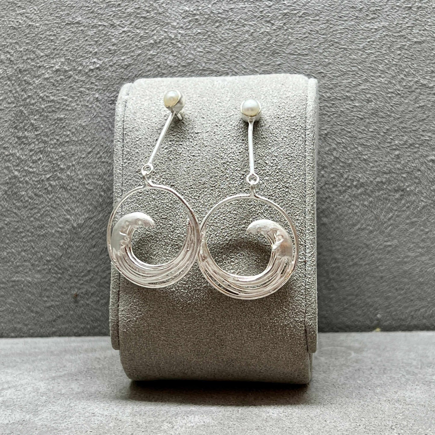 Japanese Inspired Hokusai The Great Wave Sterling Silver & Pearl Long Earrings - Twelve Silver Trees