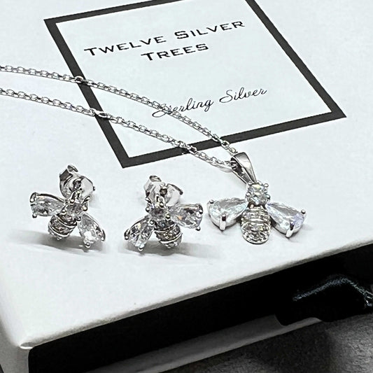Rhodium Plated Sterling Silver Bee Earrings & Pendant - Twelve Silver Trees