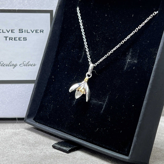 Snowdrop Flower Charm Pendant In Sterling Silver & 18 Carat Gold - Twelve Silver Trees