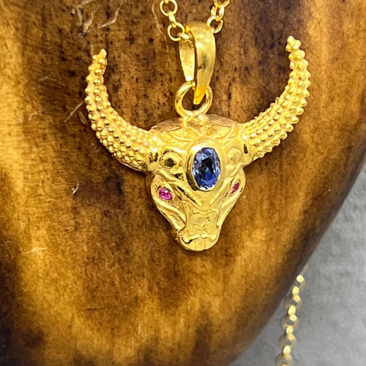 Tanzanite & Ruby Long Horned Cow / Sacred Cow Pendant - Twelve Silver Trees