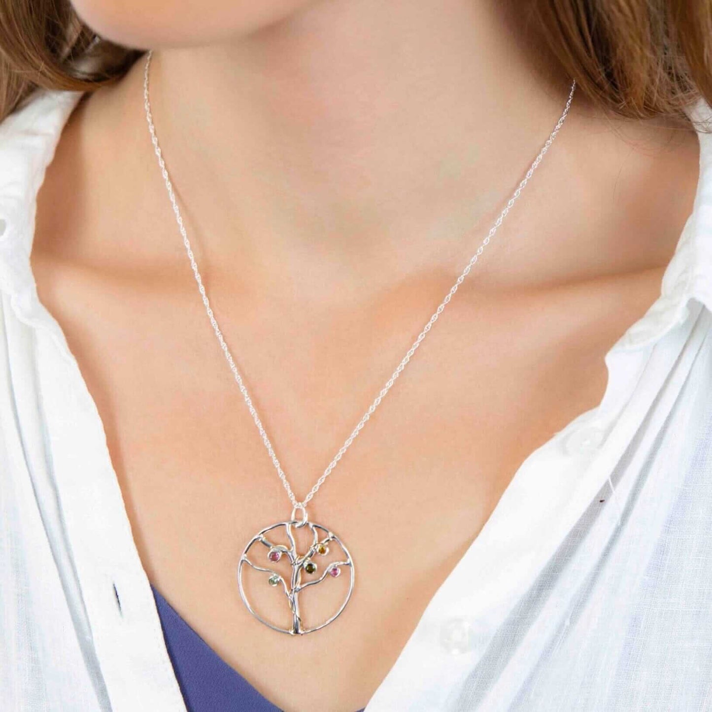 Tourmaline Tree Of Life Sterling Silver Pendant - Twelve Silver Trees