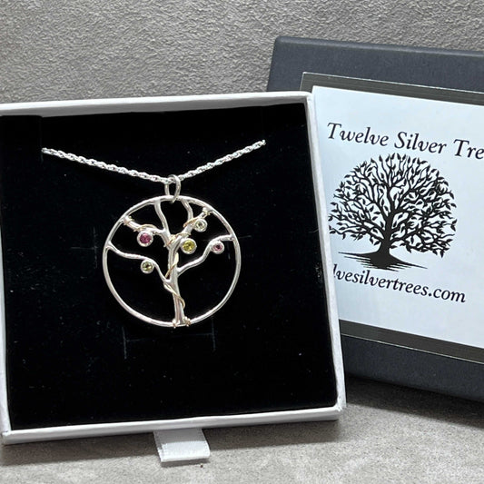 Tourmaline Tree Of Life Sterling Silver Pendant - Twelve Silver Trees