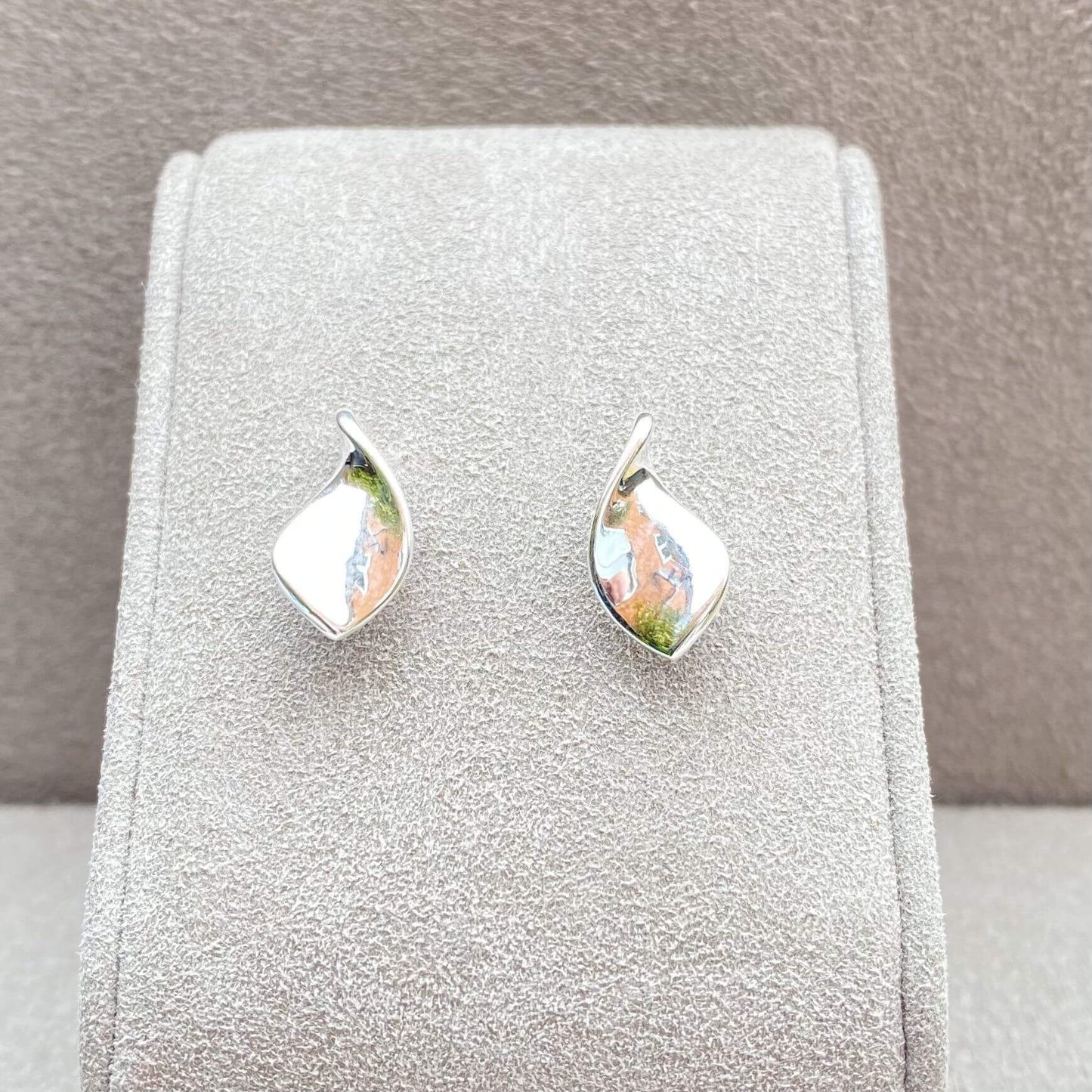 Plain Organic Twist Leaf Stud Earrings In Sterling Silver. - Twelve Silver Trees