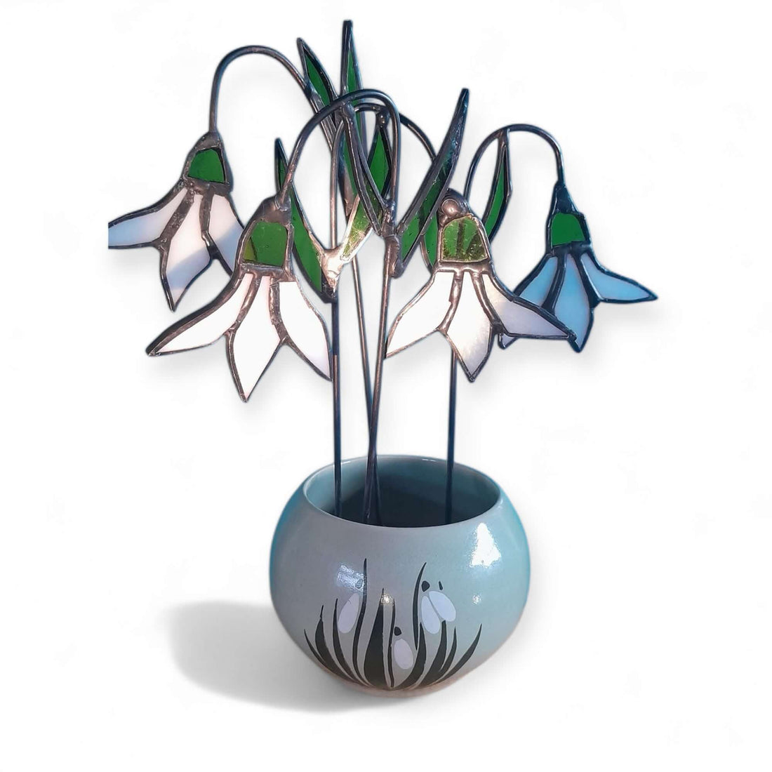 Handmade stained glass snowdrop flowers made using the traditional copper foiled Tiffany technique. Cover image for our January birthday gifts blog post at Twelve Silver Trees Jewellery and gifts