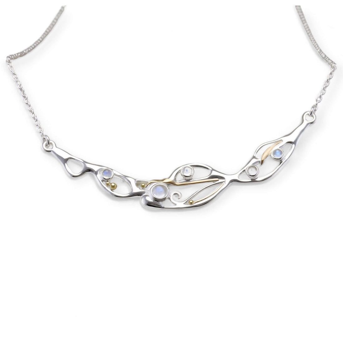 Image of a handmade sterling silver panel necklace set with moonstones 