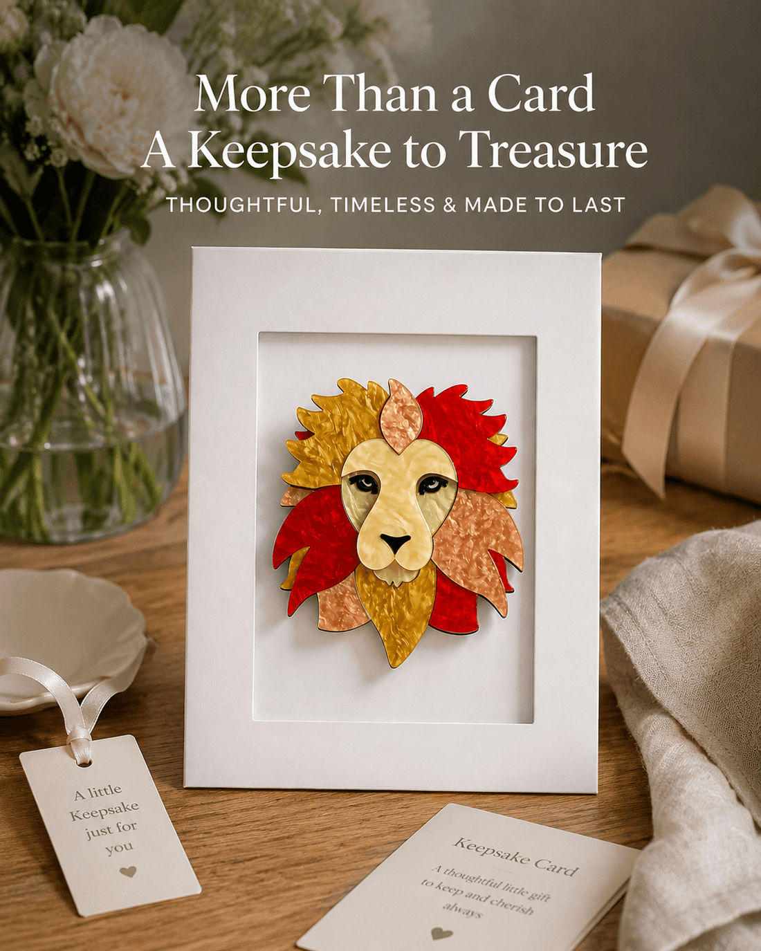 Lion keepsake brooch greeting card by Twelve Silver Trees displayed in a warm gift setting, thoughtful keepsake card gift idea to treasure
