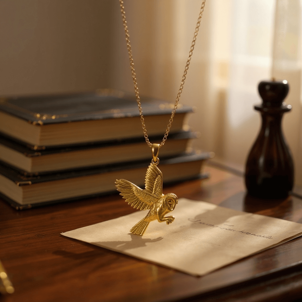 I’m of a handmade sterling silver and 18 carat gold barn owl pendant - The Hunter - suspended over a desk near a window with antique leather bound books in the background 