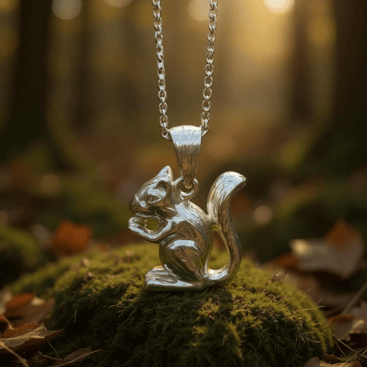 Image of a handcrafted sterling silver squirrel pendant on a mossy mound and woodland setting 