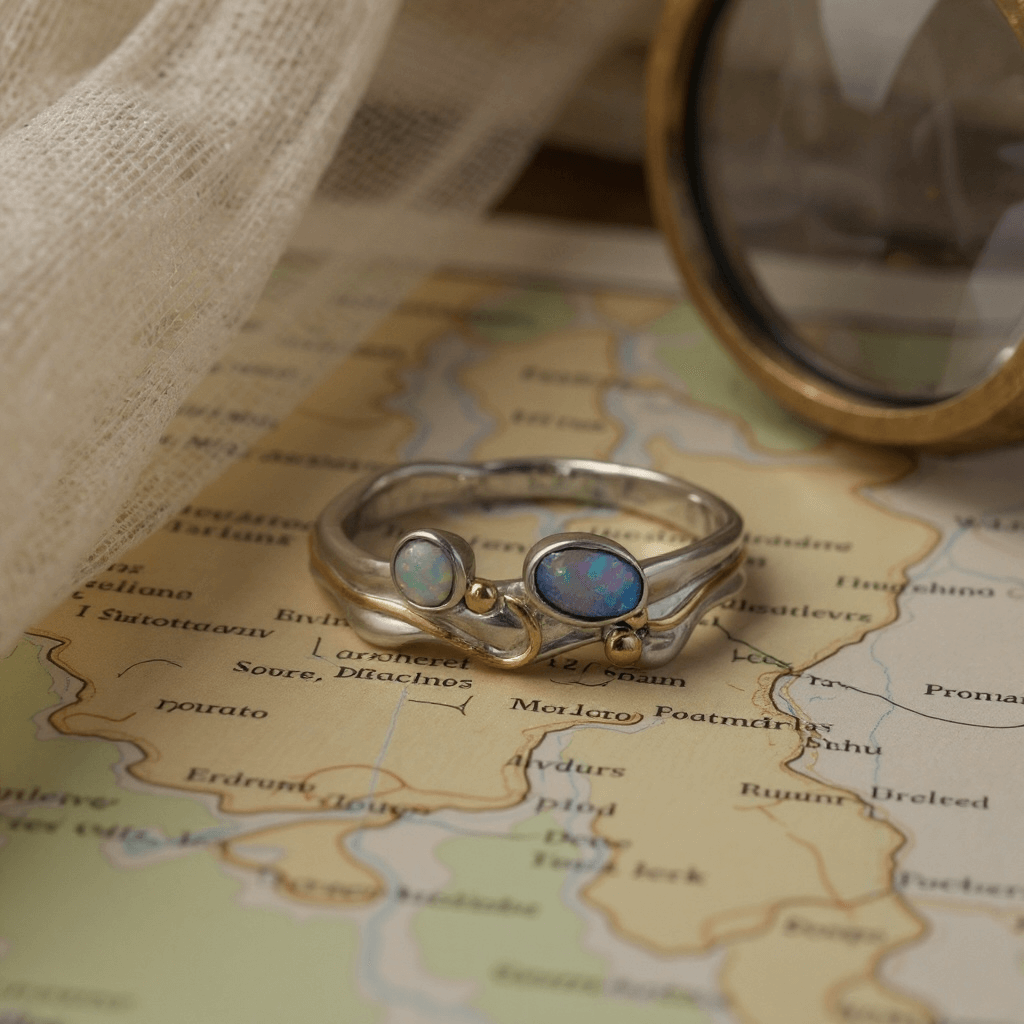 Image of a handmade sterling silver ring with 18 carat gold and opals displayed on a vintage map 