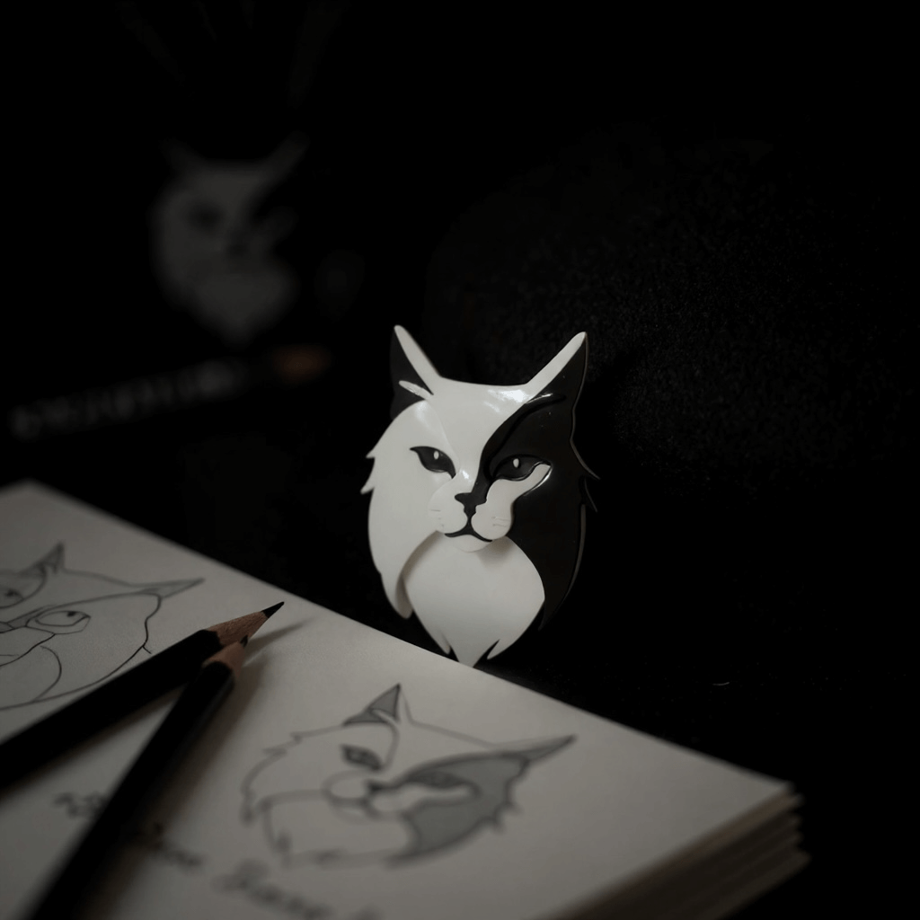 Image of a an acrylic art brooch of a cat behind a an artists sketch book