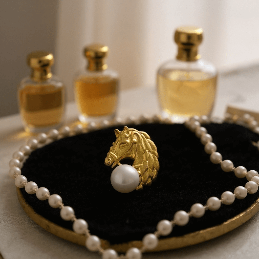 Image of an art deco style sterling silver horse head brooch on a velvet cushion and surrounded by pearls on a dressing table with perfume