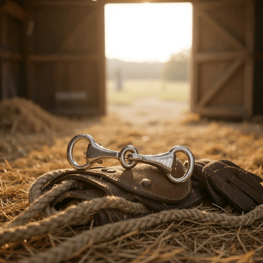 Image of a sterling sing snaffle bit brooch placed on horse tack in a barn yard setting 