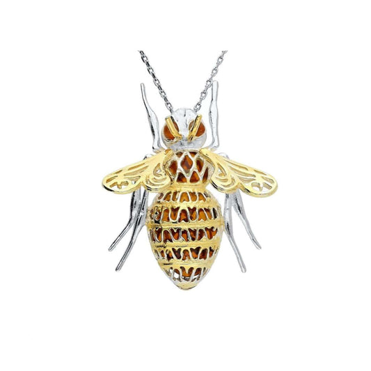 Hidden Symbolism - The Fly In Jewellery cover image of a large sterling silver gold plated fly pendant with a baltic amber body from twelve silver trees jewellery and gifts