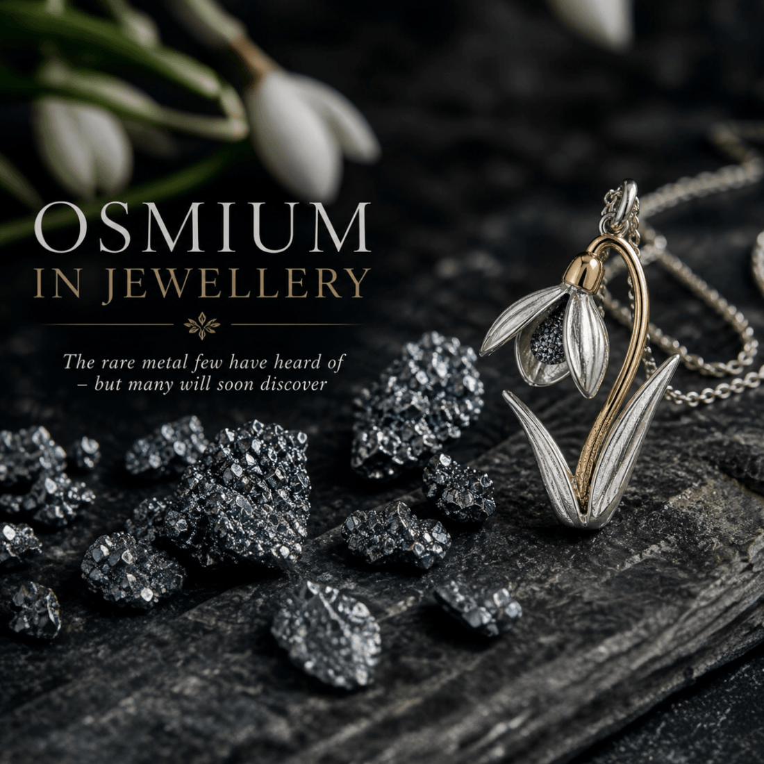 Luxury editorial image for osmium in jewellery featuring crystallised osmium crystals and a botanical silver and gold pendant concept.