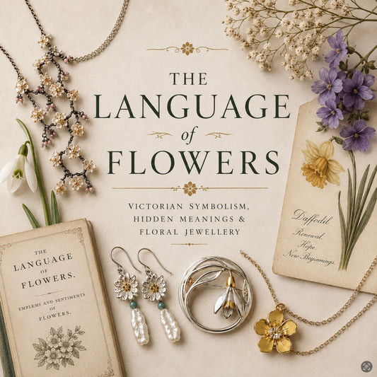 The Language of Flowers Victorian floral symbolism jewellery flat lay with snowdrop, daffodil and botanical jewellery. Twelve Silver Trees 