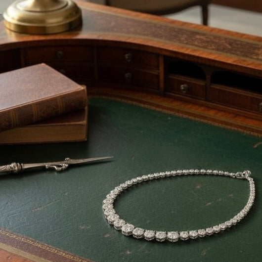 Image of a sterling silver & cubic zirconia on an antique leather topped desk with books in background, cover image for Twelve Silver Trees Jewellery blog post about the timeless appeal of Tennis bracelets 