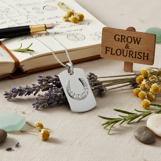 Image of sterling silver horseshoe pendant displayed with symbolic flowers meaning hope and renewal on a tabletop Witham open design book and a sign that says grow and flourish. Cover image for Twelve Silver Trees Jewellery mental health blog post 