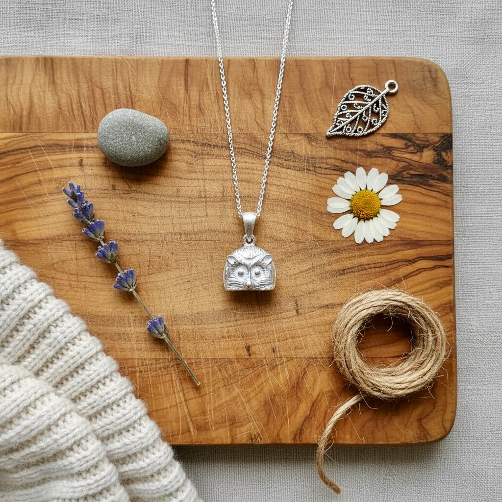 Image of a handmade sterling silver hedgehog pendant on a wooden board with lavender and flowers 