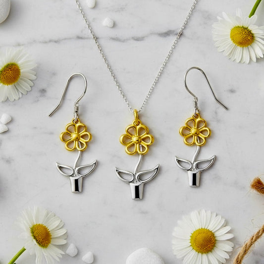 The Blooming Joy earrings and pendant, a stylised daisy flower in a plant pot from the herbarium collection at Twrkve Silver Trees Jewellery 