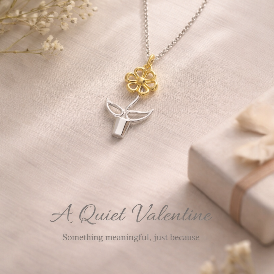 Image of our sterling silver flower pot pendant with the caption A Quiet Valentine, something meaningful, just because….