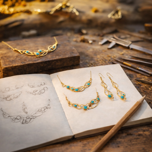 Artisan jeweller’s workbench showing turquoise and gold jewellery designs from sketch to finished necklace and earrings in the Sunlit Earth collection