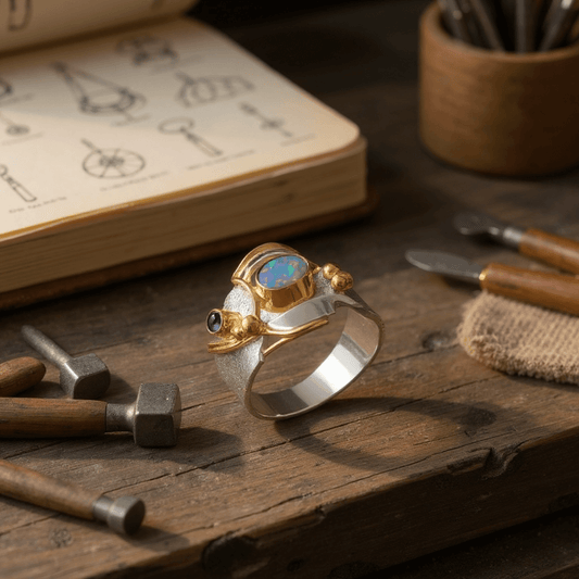 A handmade sterling silver and 18 carat gold wide band ring set with opals on a jewellers work bench 