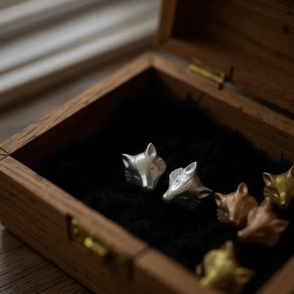Sterling silver fox head earrings displayed in a vintage wooden jewellery box 