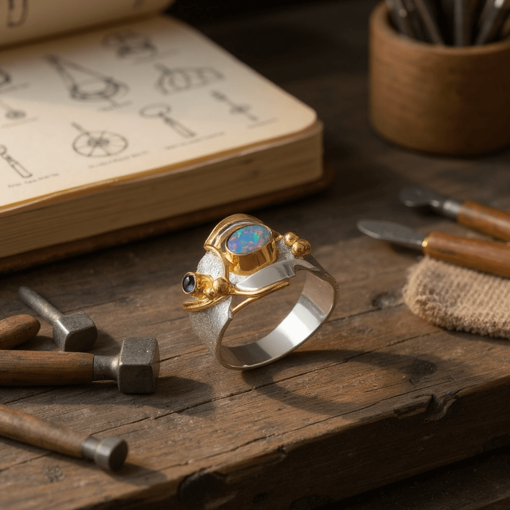 A handmade sterling silver and 18 carat gold wide band ring set with opals on a jewellers work bench 