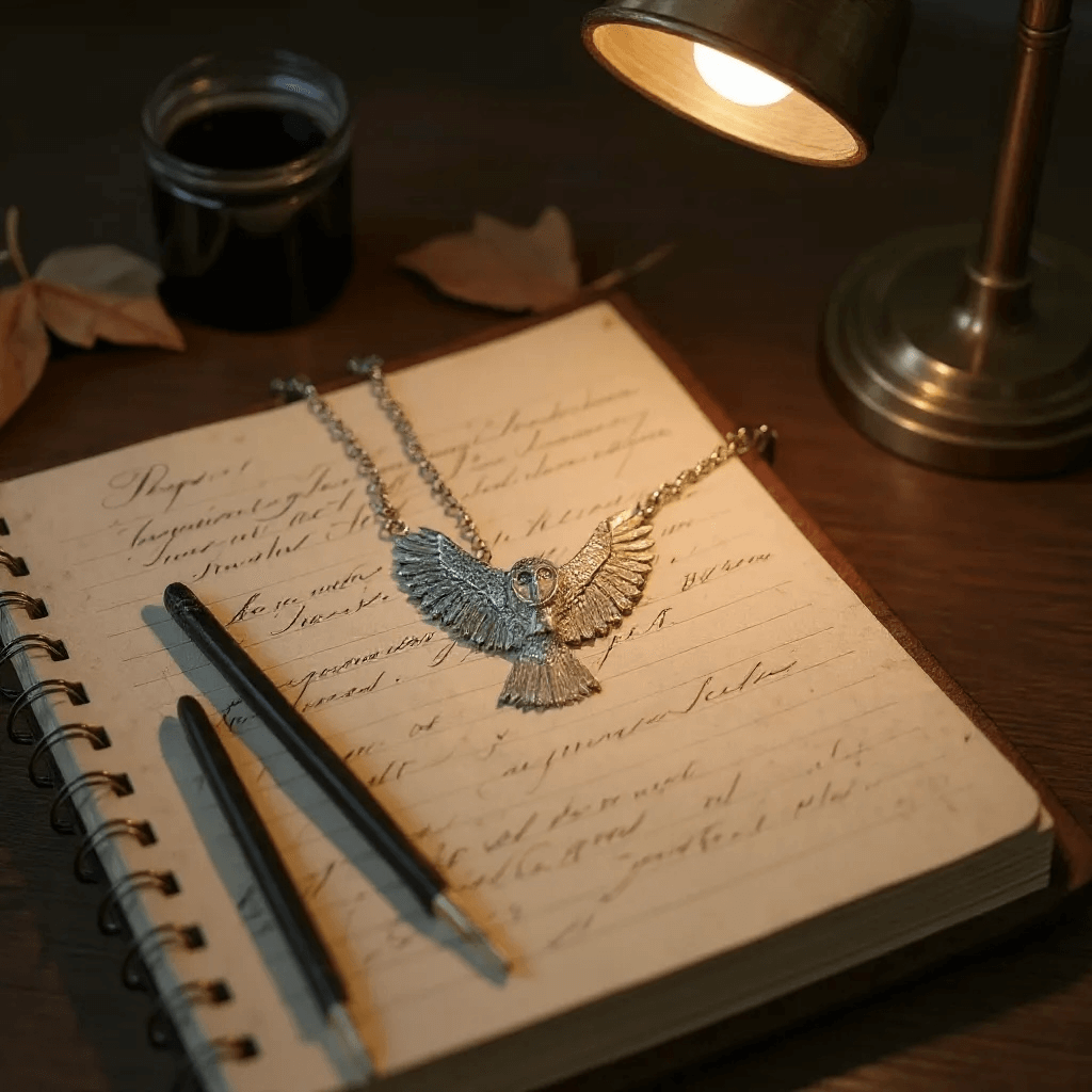 Image of a handmade sterling silver owl pendsnt displayed on a note book and desk 