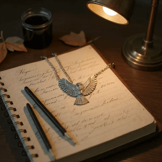 Image of a handmade sterling silver owl pendsnt displayed on a note book and desk 