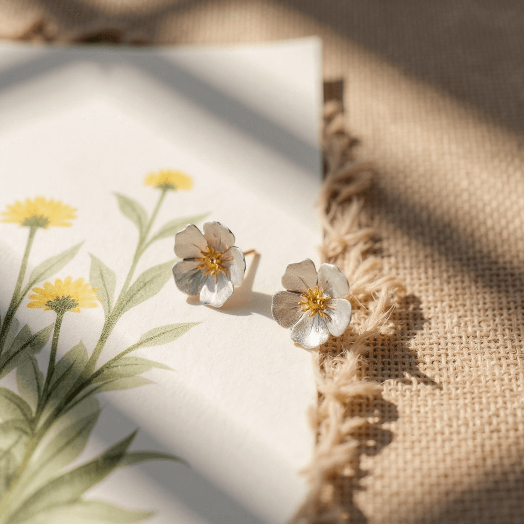 Image of a pair of sterling silver & 18 carat gold handmade buttercup flower earrings on a hessian background sat on a hand drawn note card 