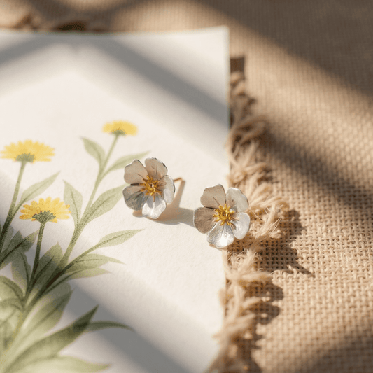 Image of a pair of sterling silver & 18 carat gold handmade buttercup flower earrings on a hessian background sat on a hand drawn note card 