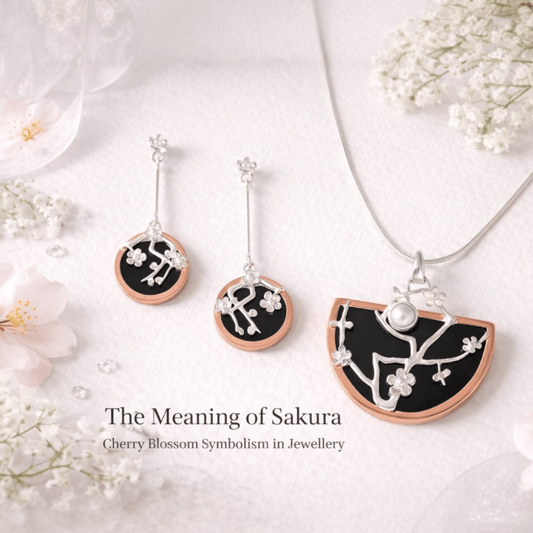 Image of twelve silver trees jewellery Sakura cherry blossom pendant and earrings 