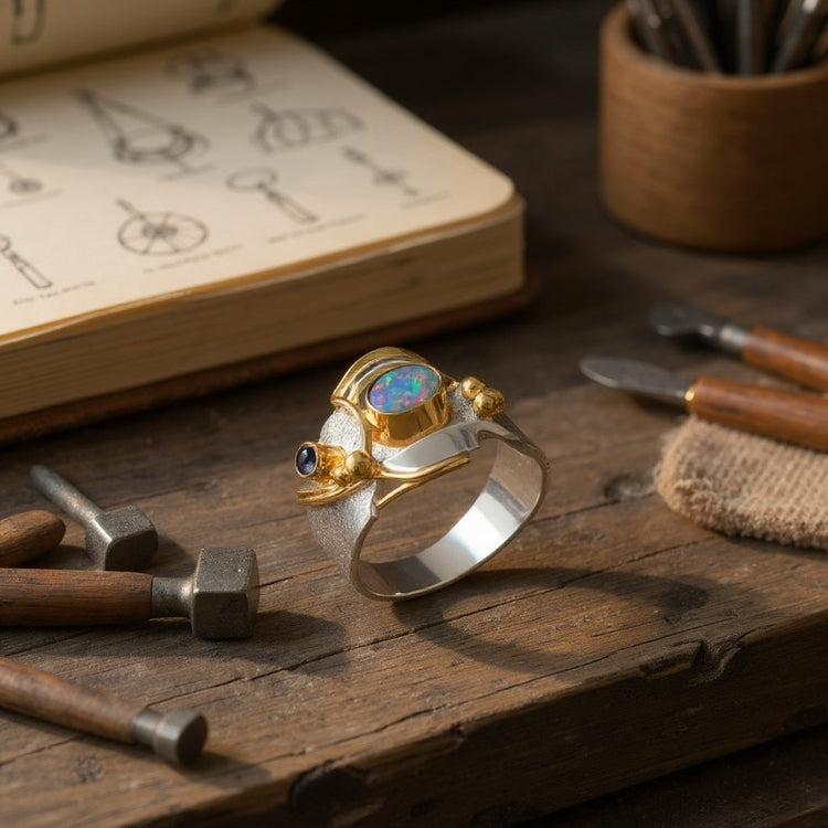 Image of a made it order band ring set with opals and 18 carat gold accents 