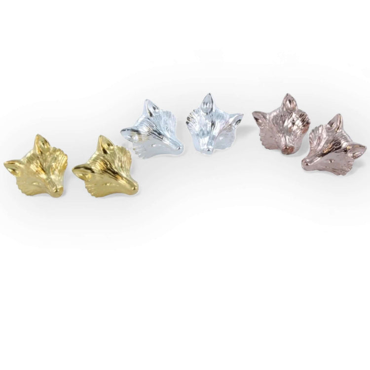 Image of 3 pairs of handmade sterling silver fix head stud earrings finished in rhodium,  18 carat yellow gold and 18 carat rose gold 