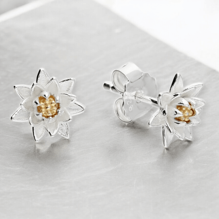 Sterling silver and 18 carat gold water Lily July birth flower earrings 