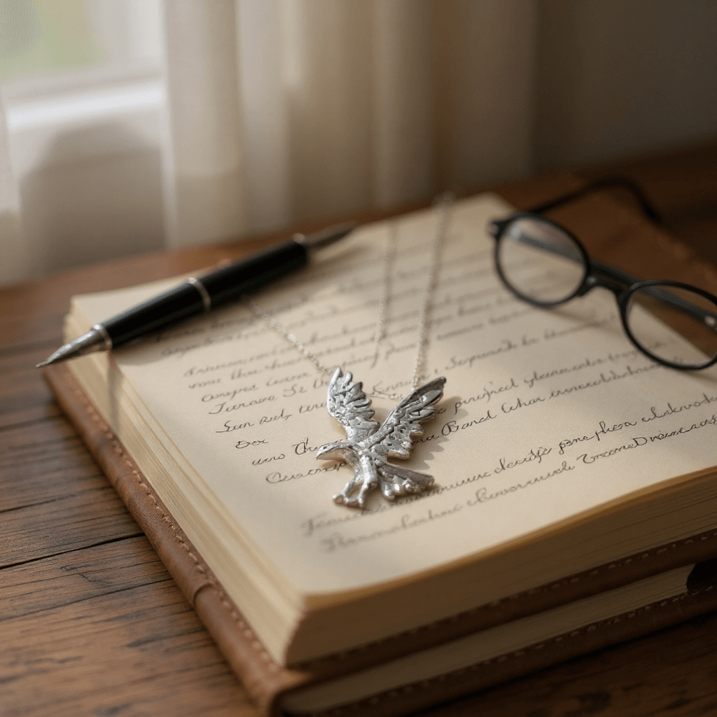 Image of a handmade sterling silver Eagle pendant displayed on note book with glasses & a pen by a window 
