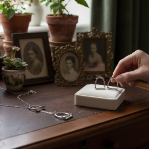 Sterling silver stirrup necklace and stud earrings on a wooden dressing table. Part of The Harmony Collection by Twelve Silver Trees Jewellery 