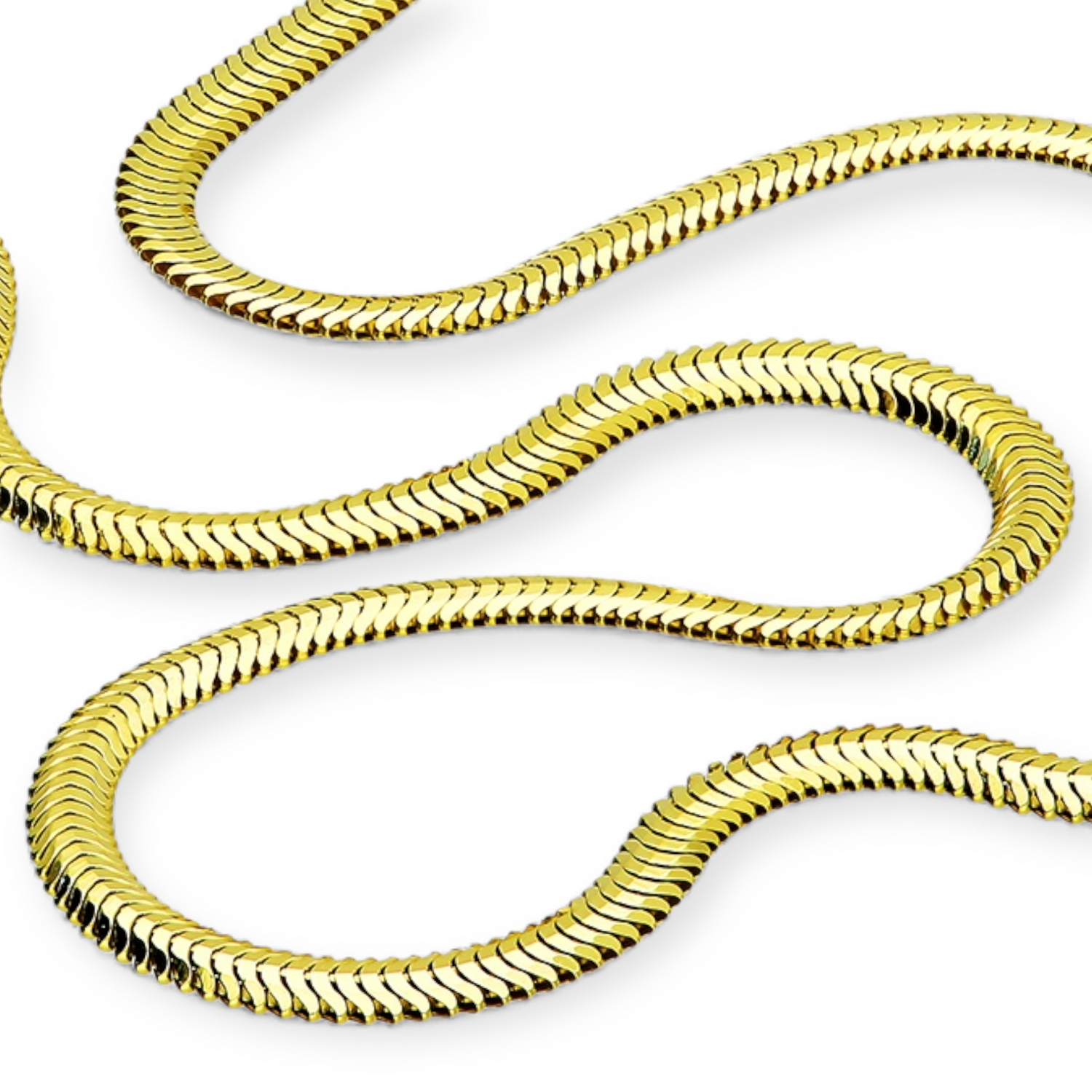 Image of a sterling silver oval snake chain finished in gold plate on a white background from The Chain Collection at Twelve Silver Trees Jewellery and Gifts
