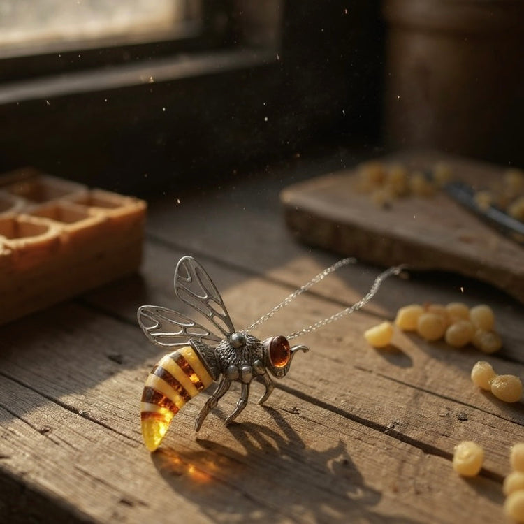 Sterling silver & Baltic amber bee brooch displayed on a wooden table 
