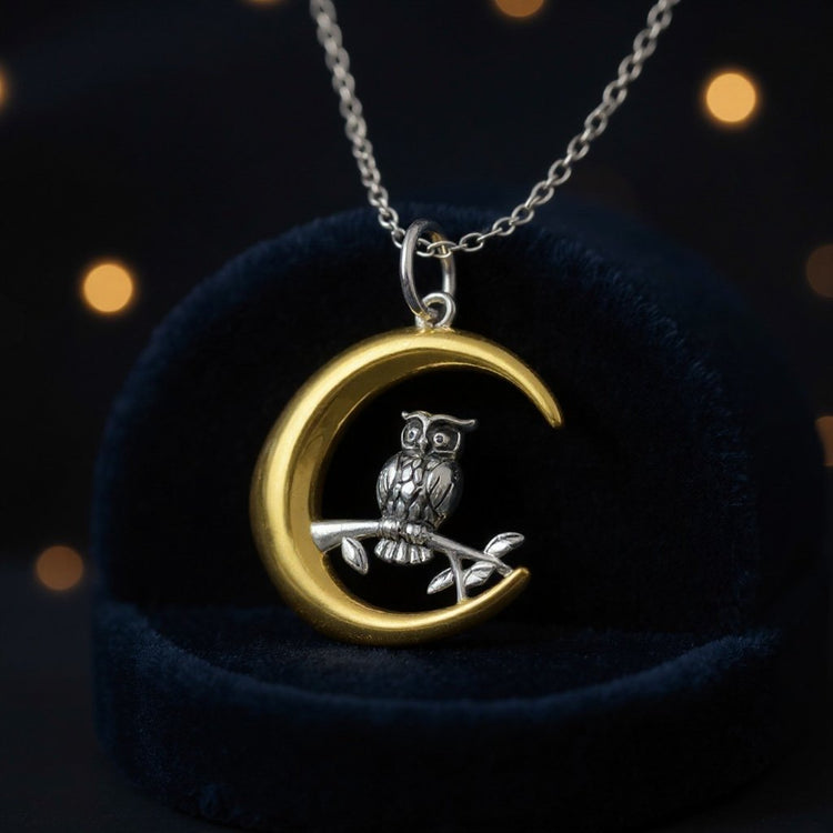 Sterling silver & gold vermeil crescent moon pendant with an owl on branch 