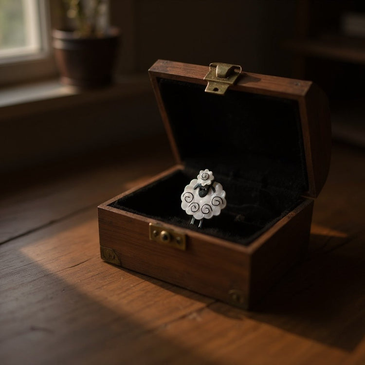 Image of an acrylic art brooch of a sheep in black and white displayed on a wooden jewellery box 
