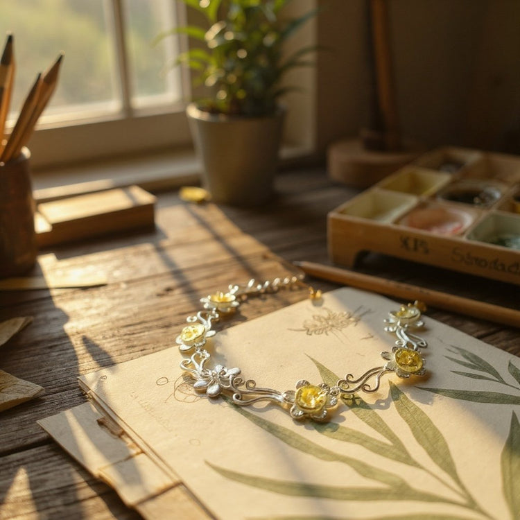 Image on of a handmade sterling silver daffodil bracelet on a wooden table with a window in the background and pot plants in warm autumn colours 