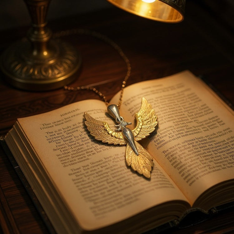 Sterling silver Phoenix Riding pendant in rhodium, rose gold and yellow displayed on an open book 