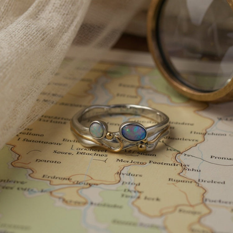 Handmade sterling silver & 18 carat gold gold ring set with opals, displayed on a vintage map 